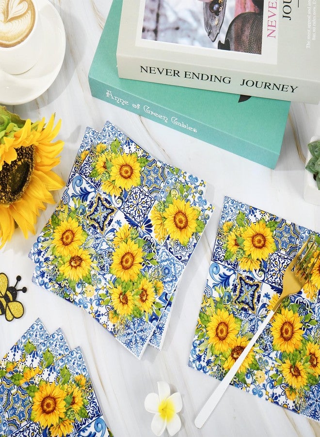 JarThenaAMCS مناديل ورقية من JarThenaAMCS، 80 قطعة، بتصميم زهور عباد الشمس، باللونين الأزرق والأصفر، للاستخدام مرة واحدة، مثالية لعشاء صيفي مزهر، ولحفلات الغداء، ولتزيين الحفلات. - Image 4